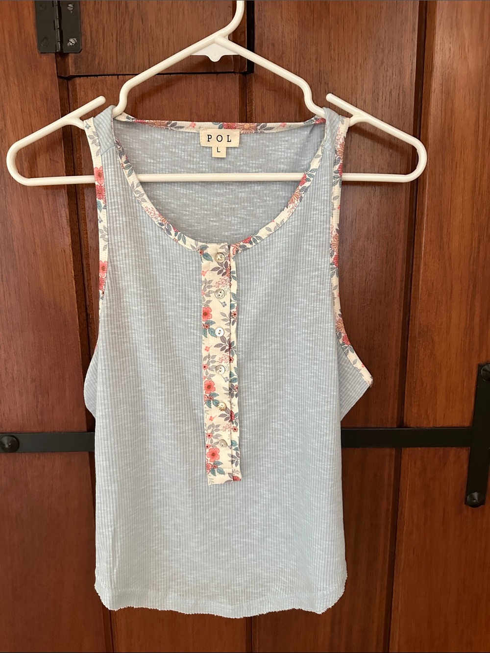 POL Light Blue Ribbed Tank with Floral Trim